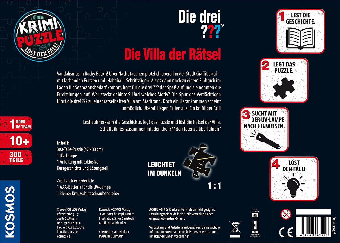De tre??? - Crime Puzzle - The Villa of the Puzzles Av KOSMOS 697976, 300 bitar, Glow in the dark, Med UV-lampa, Läsning, Pussel, Pussellösning, Detektivpussel Från 10 år Puzzle Naty Shop