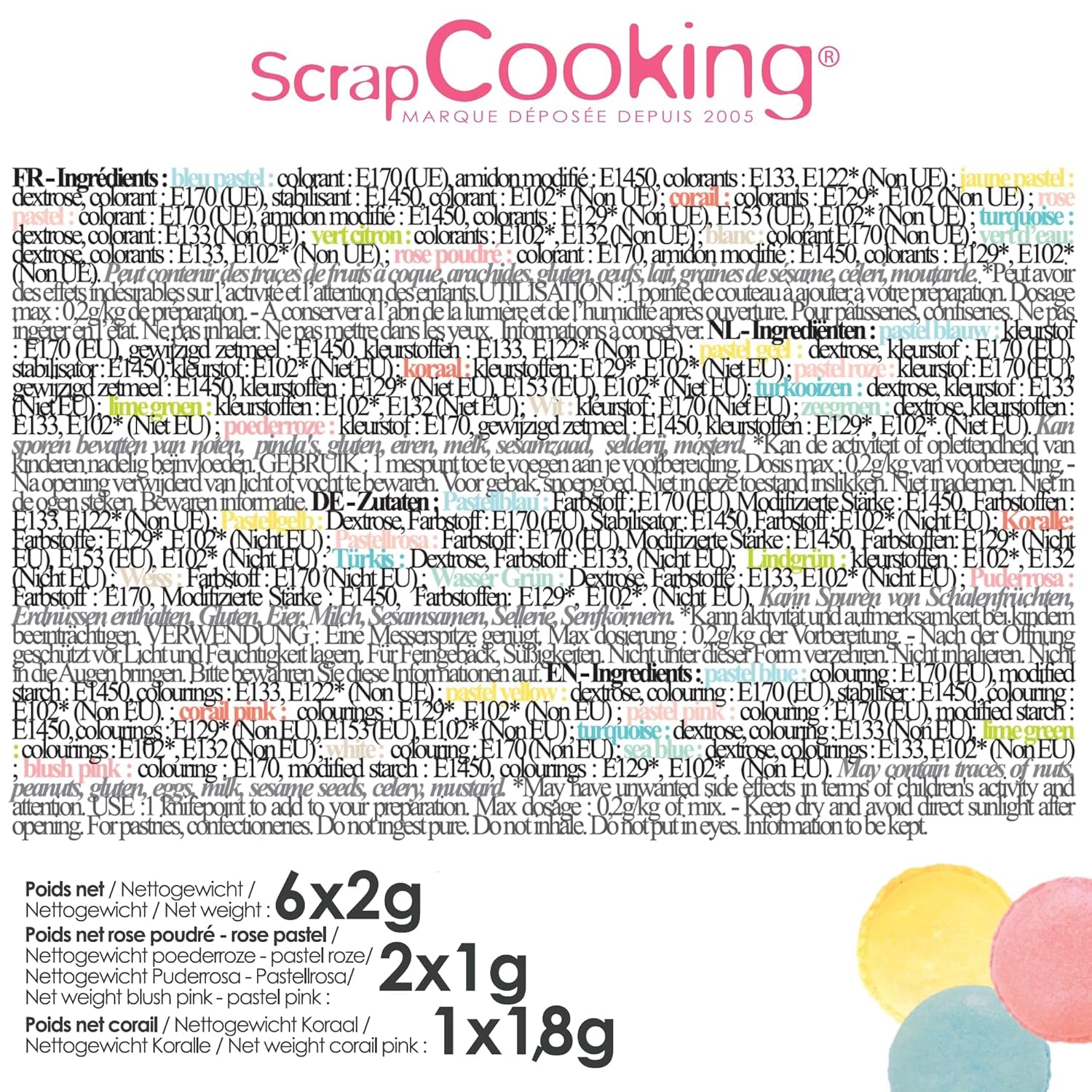 Scrapcooking - Set med 9 pastellfärger - blå, gul, korall, rosa, turkos, limegrön, vit, vattengrön, pulverrosa - Ätbart färgpulver för kakor, muffins, macarons - 4272