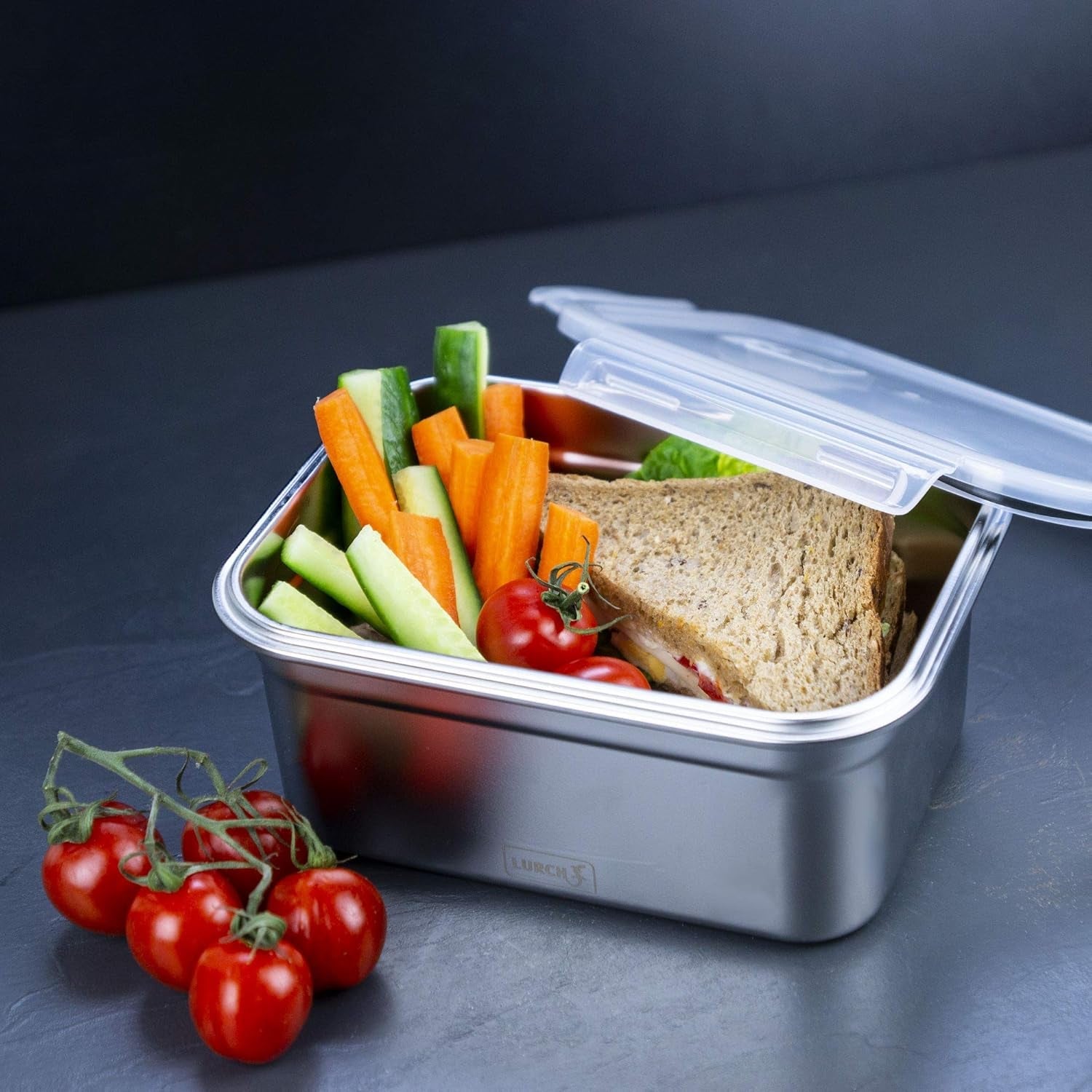 Lurch 240895 Lunchbox Högkvalitativt rostfritt stål Säkerhets-/förvaringslåda med BPA-fritt plastlock 2000 ml klara matförvaringslådor Naty Shop