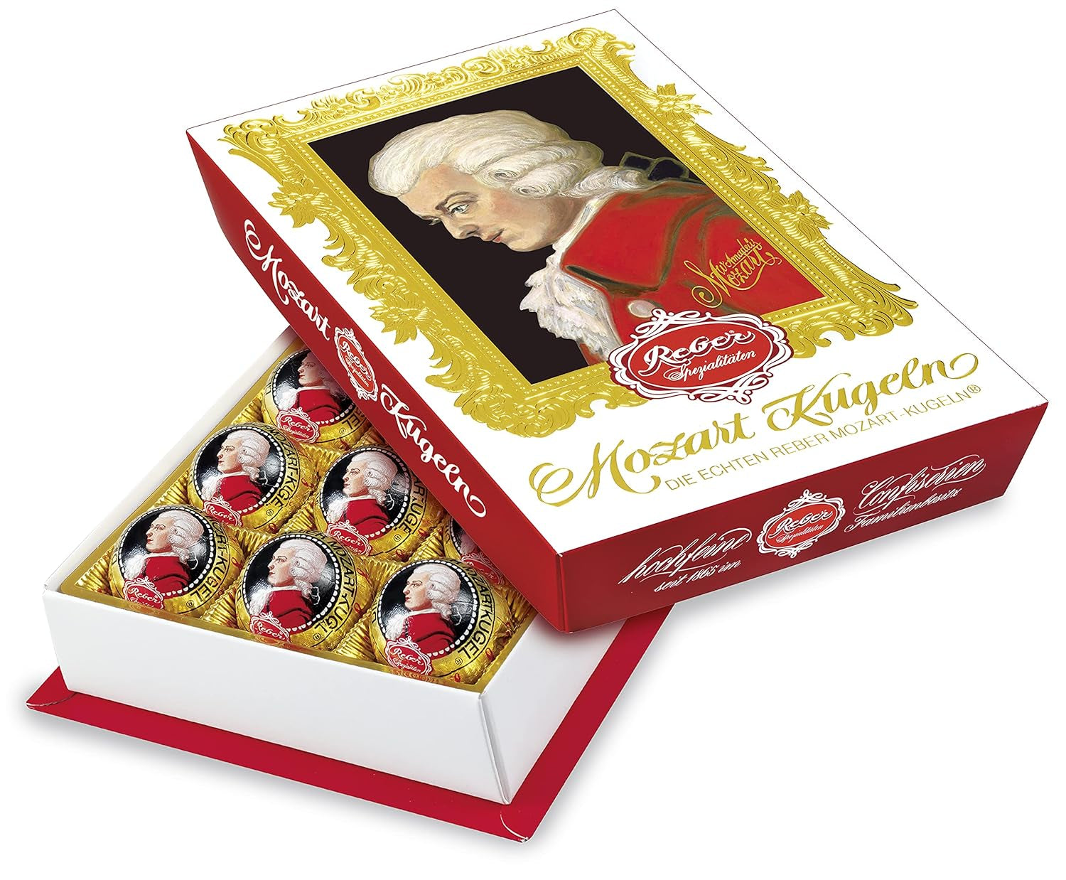 Reber Mozartkulor med mörk choklad, 6-pack med marsipan och nougat, vegansk - 1 x 120 g