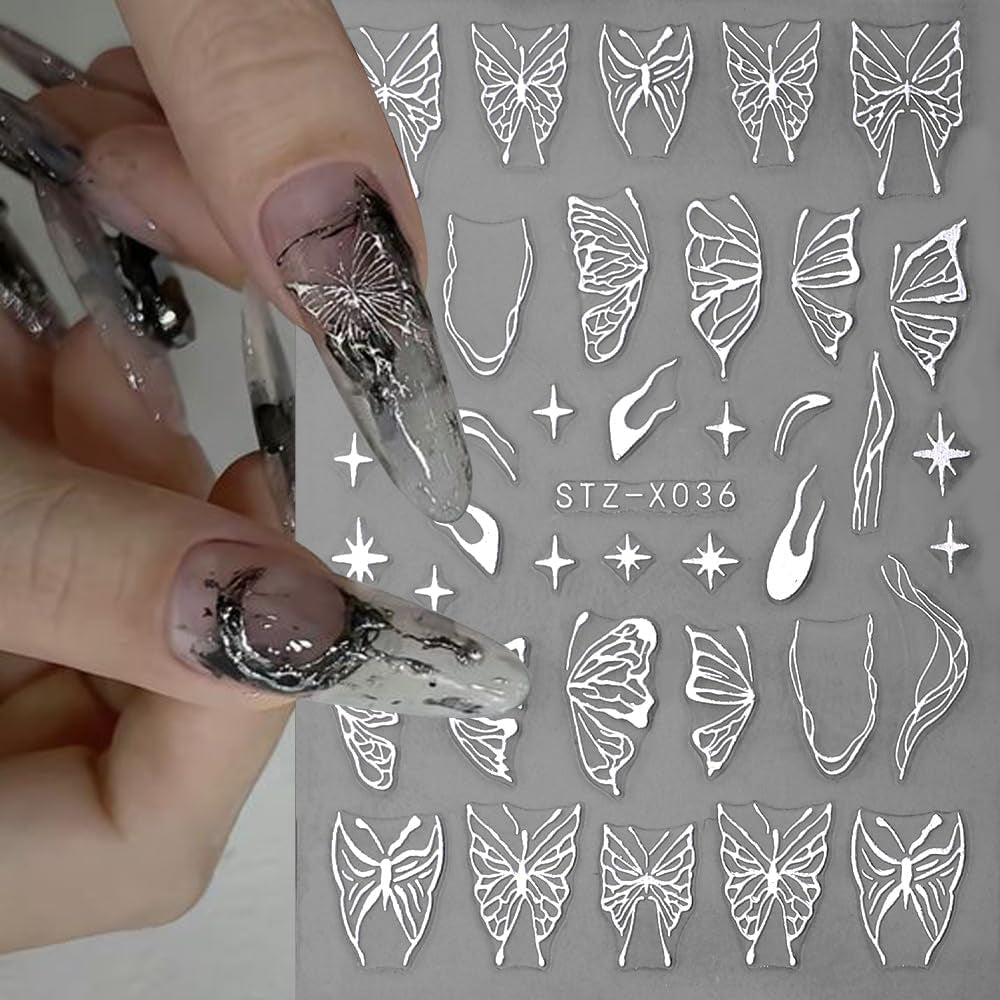 3D Metallic Schwarz Schmetterling Nagelsticker - Laser Pink Aurora Nagelaufkleber - Punk Butterfly Nail Art Stickers - Silver Nagelsticker - Nageldesign Zubehör
