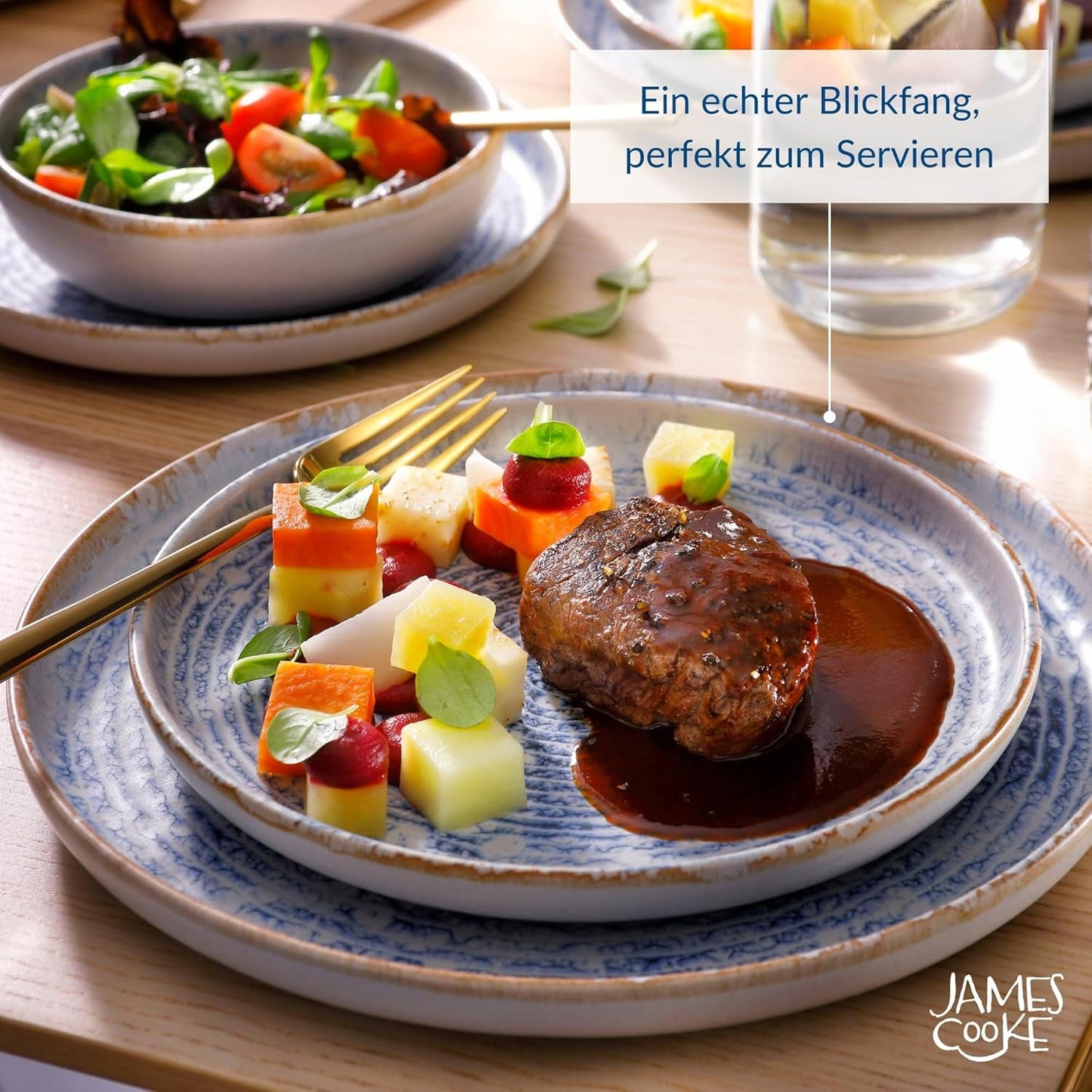 Azure Vintage Stoneware servisset för 6 - 24 delar - vita och blå ränder, präglad yta - Diskmaskin, ugn och mikrovågssäker