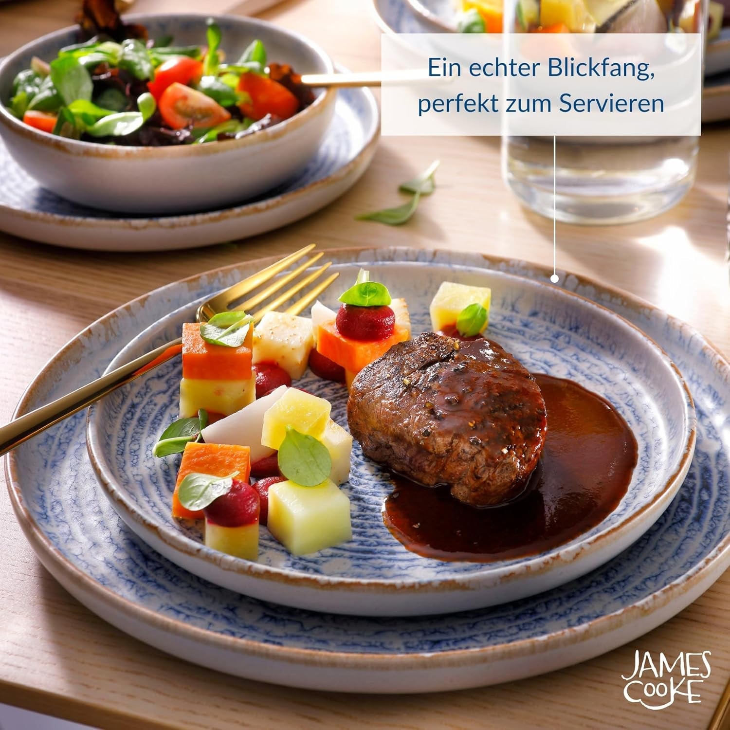 Azure Vintage Stoneware servisset för 6 - 24 delar - vita och blå ränder, präglad yta - Diskmaskin, ugn och mikrovågssäker