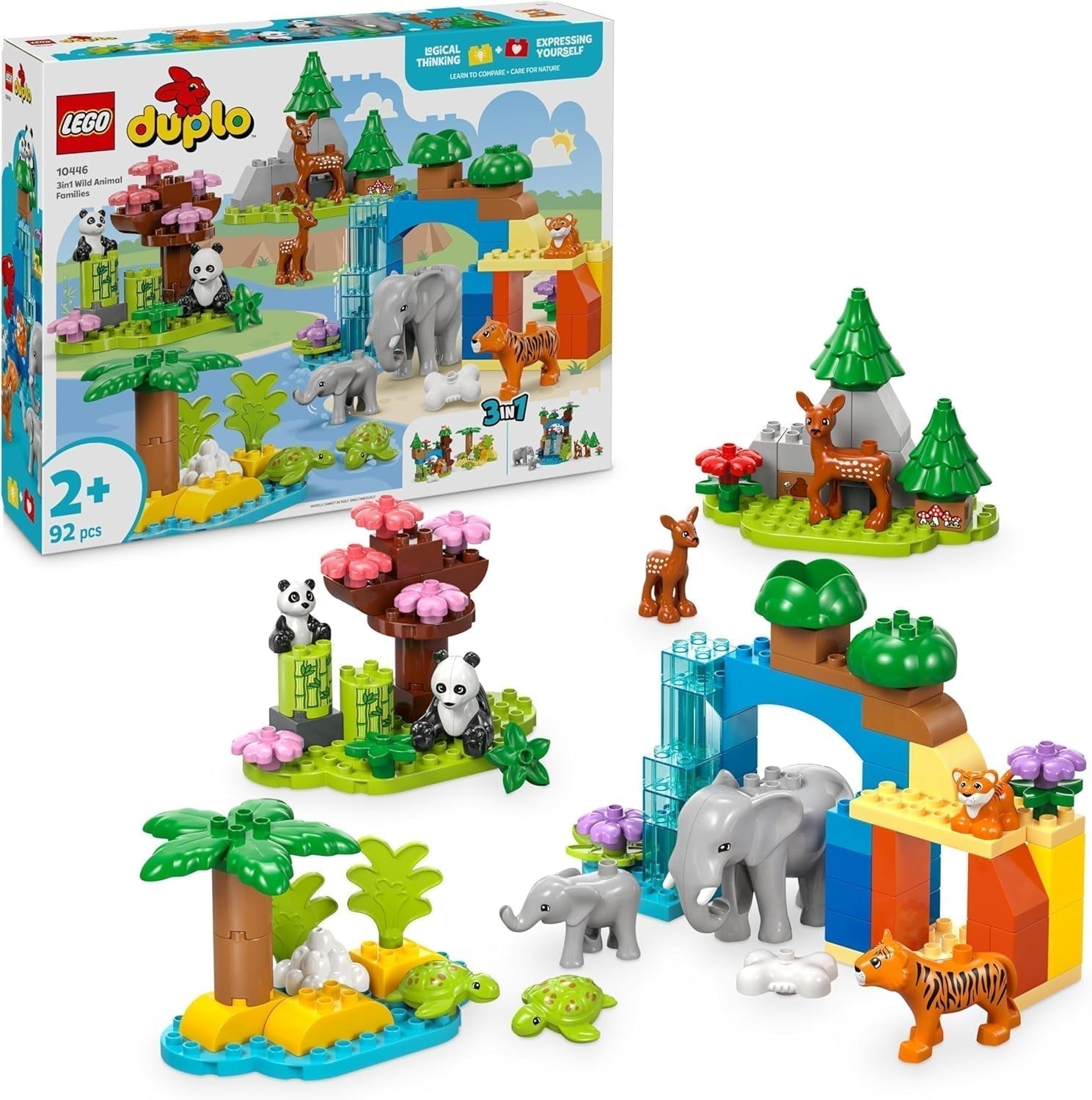LEGO DUPLO Town Wild Animal Family 3-i-1-set, pedagogisk leksak för småbarn med sköldpaddor, tigrar, elefanter, rådjur, pandor, 2-åriga förskolebarnsset, byggleksak för djurfigur 10446 Byggset Beuche den LEGO-Store Standardtitel