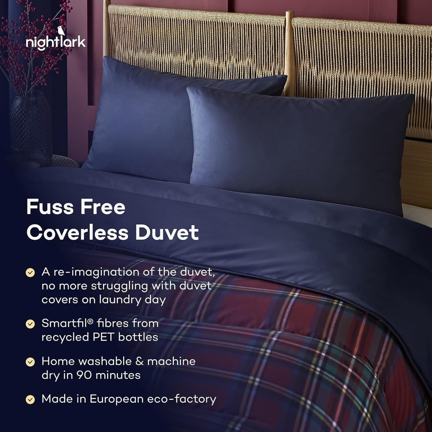 Night Lark påslakan och örngott set, 10,5 tom, enkel, klassisk röd tartan, lyxiga sängkläder, allergivänliga, maskintvättbara täcken och täcken Naty Shop