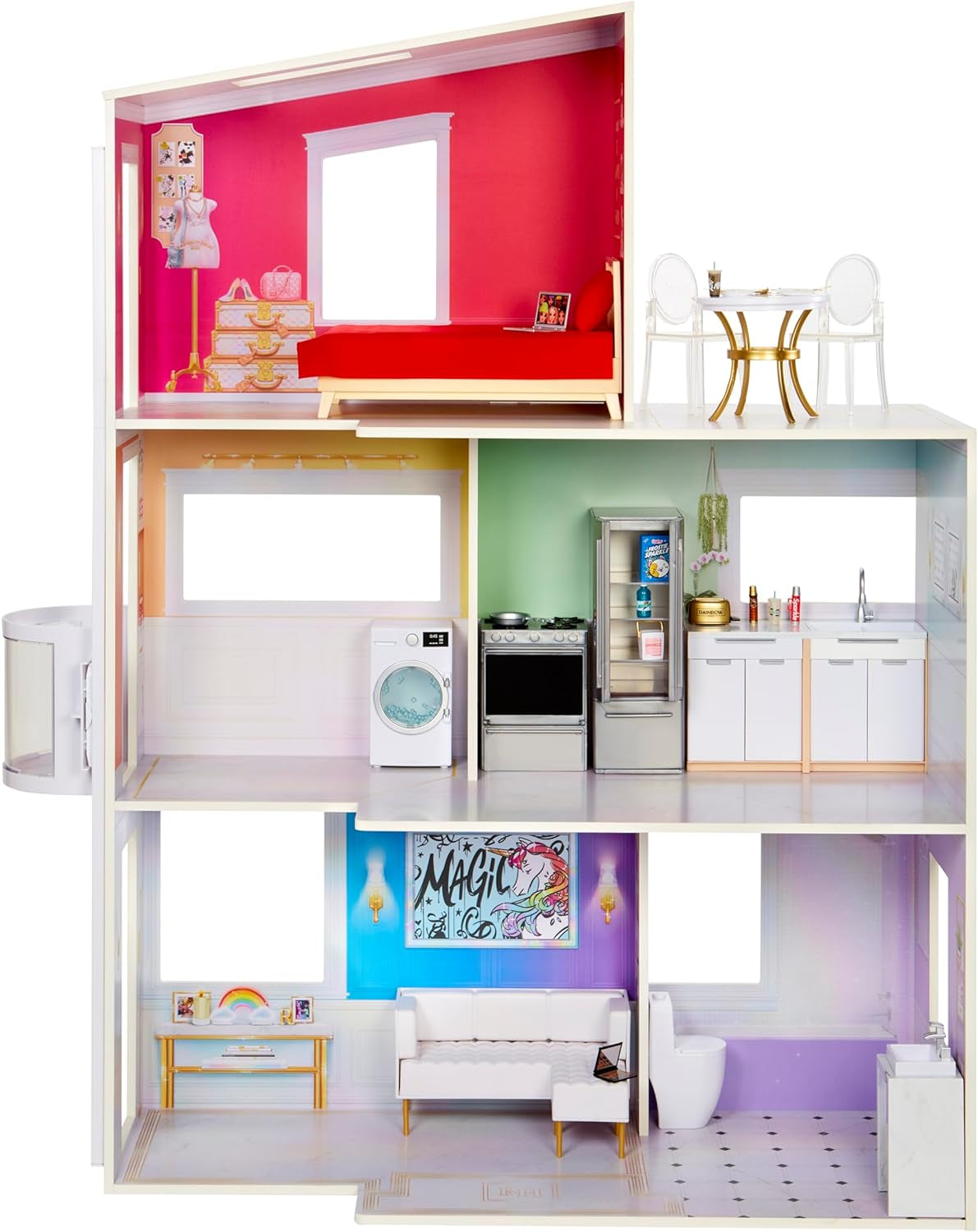 Rainbow High Townhouse - 3-vånings dockhus i trä med 5 färgglada rum och terrass - Fullt möblerat hus med hiss och funktionella tillbehör - Leksak för 4-12+ år gamla dockhus Naty Shop 2023 Rainbow High Townhouse