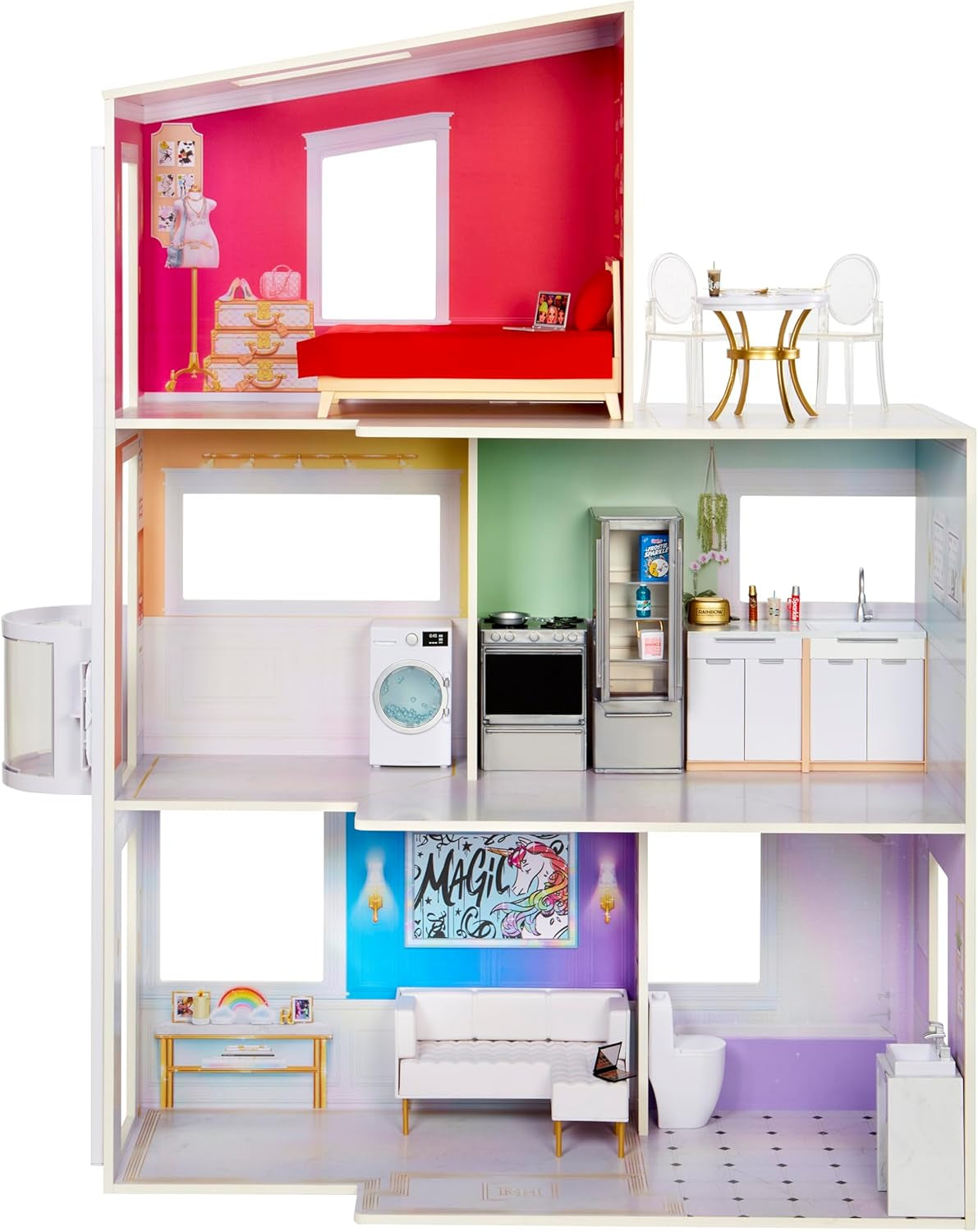 Rainbow High Townhouse - 3-Stöckiges Holzpuppenhaus mit 5 Bunten Zimmern & Terrasse - Komplett Eingerichtetes Haus mit Funktionierendem Lift and Zubehör - Spielzeug für Kinder von 4 bis 12+ Jahren