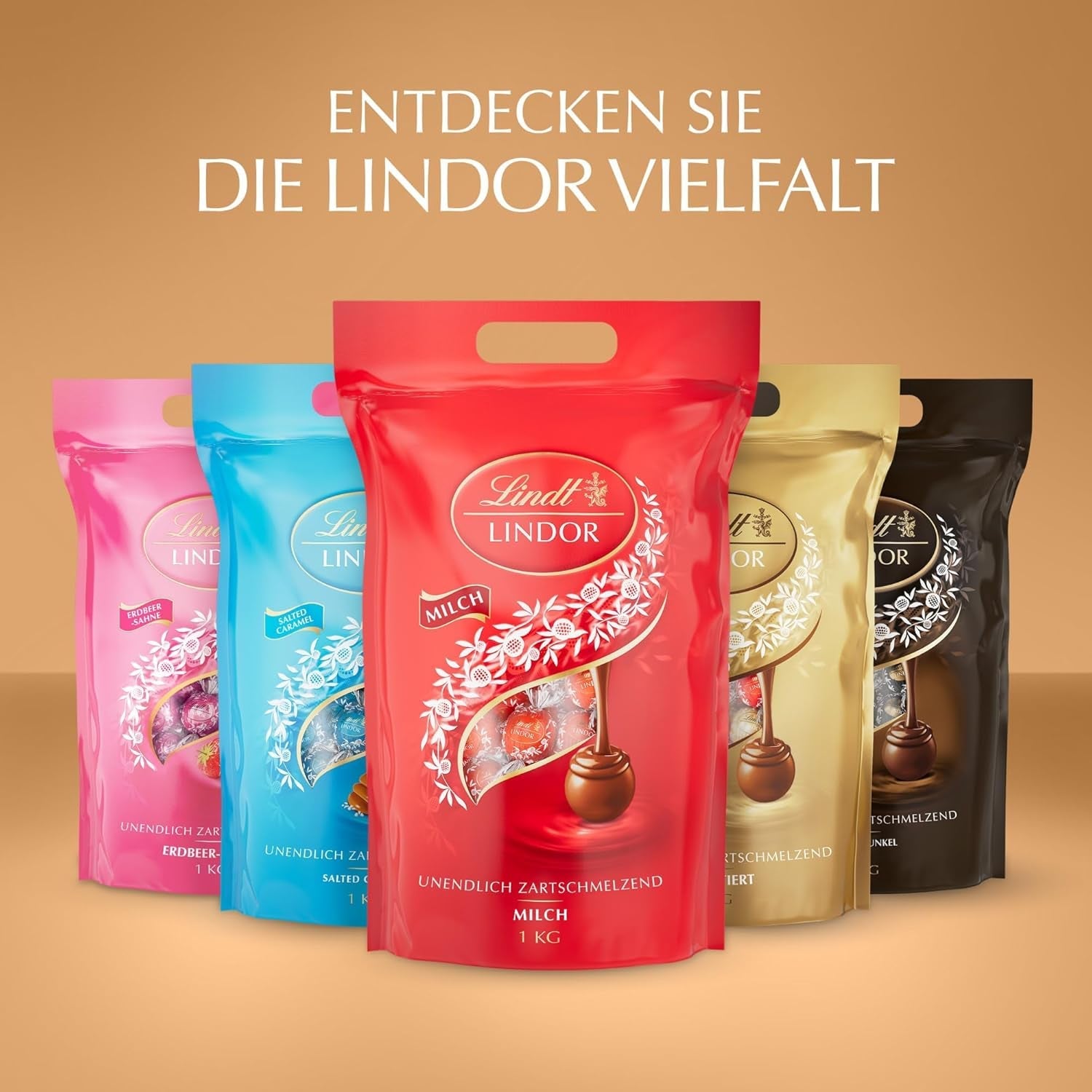 Klassiskt sortiment av Lindt chokladbollar LINDOR | ca. 80 bollar choklad (mjölk, vit, mörk 60%, hasselnöt) | Bulkförpackning, 1 kg