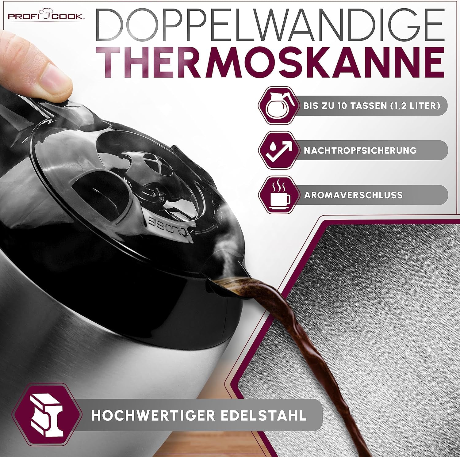 Kaffemaskin Profi Cook | 8-10 koppar | Timer | Sensor Touch-kontroller | 1,2 liter dubbelvägg termokanna | Smakförsegling | Kaffebryggare med filter i rostfritt stål | PC-KA 1191