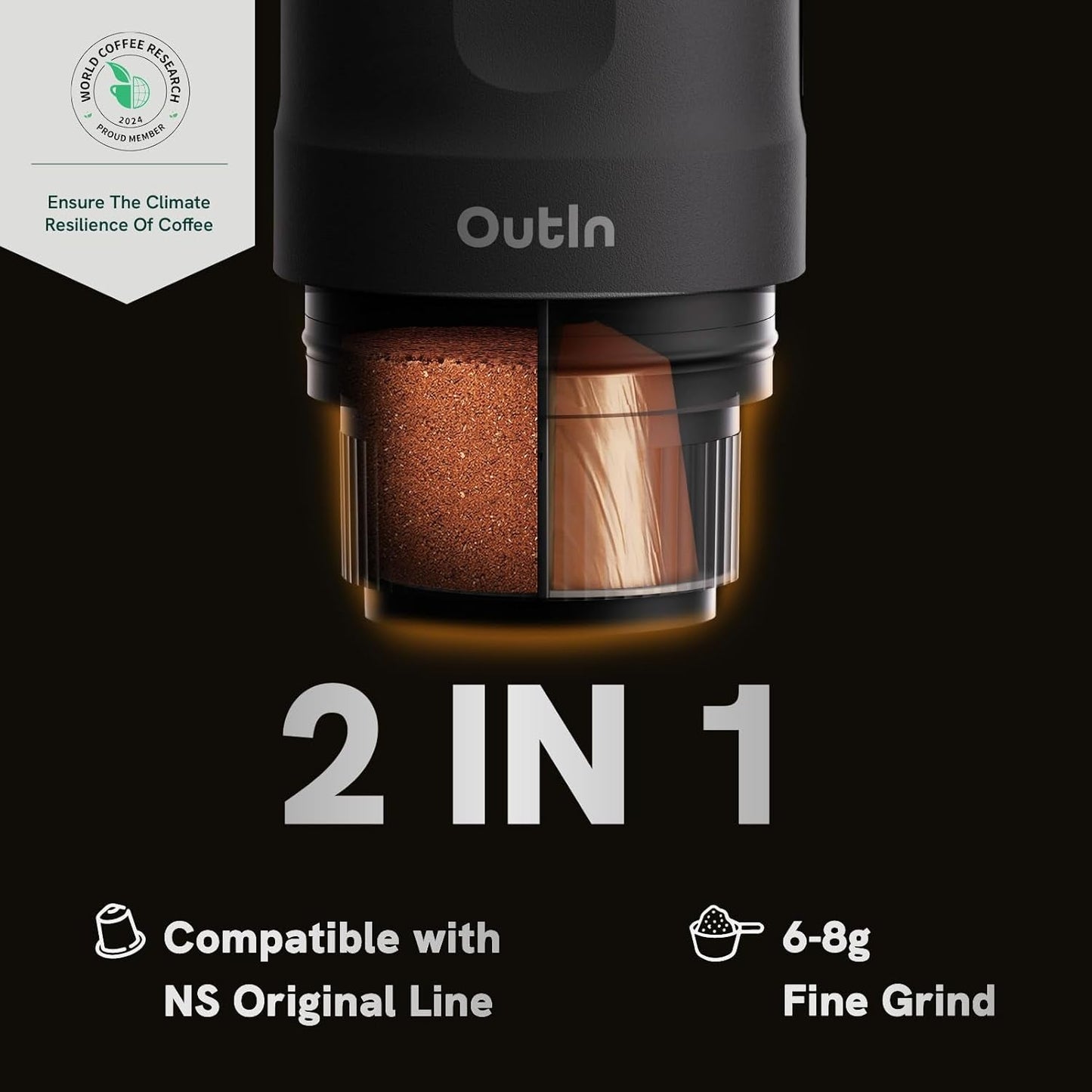 OutIn Nano bärbar elektrisk espressomaskin, campingkaffebryggare, USB-C självuppvärmande, kompatibel med malet kaffe och NS-kapslar