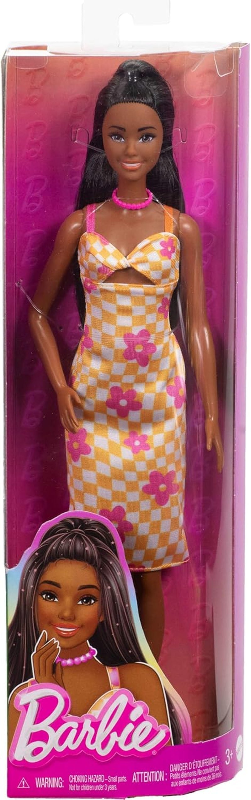 Barbie Fashionistas docka nr. 233 med svart hår, orange rutig midiklänning med rosa blommor, halsband och sandaler, HYT91