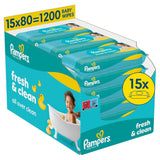 Pampers Fresh Clean våtservetter, 15 förpackningar med 80 våtservetter, 1200 våtservetter totalt, lätt doft, även lämplig för händer och ansikte