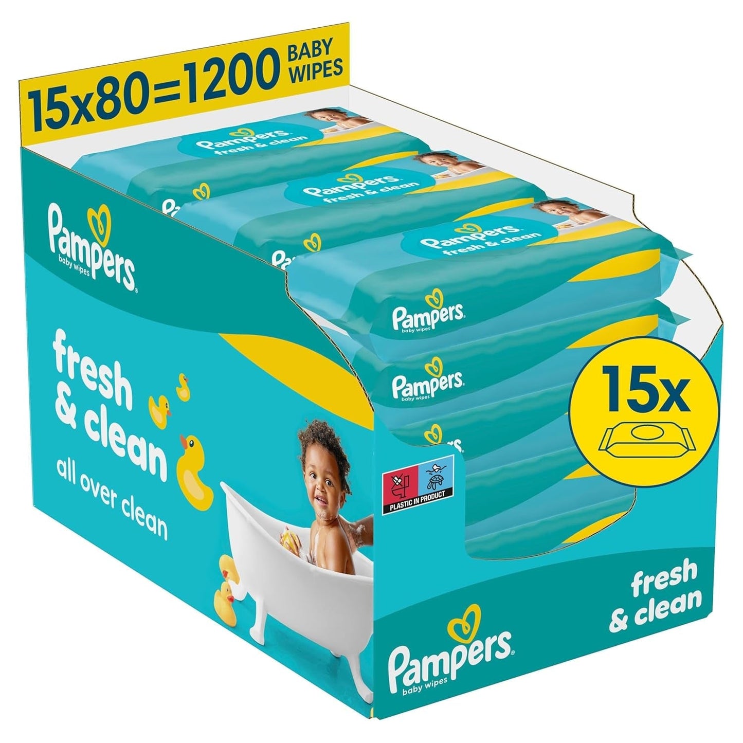 Pampers Fresh Clean våtservetter, 15 förpackningar med 80 våtservetter, 1200 våtservetter totalt, lätt doft, även lämplig för händer och ansikte