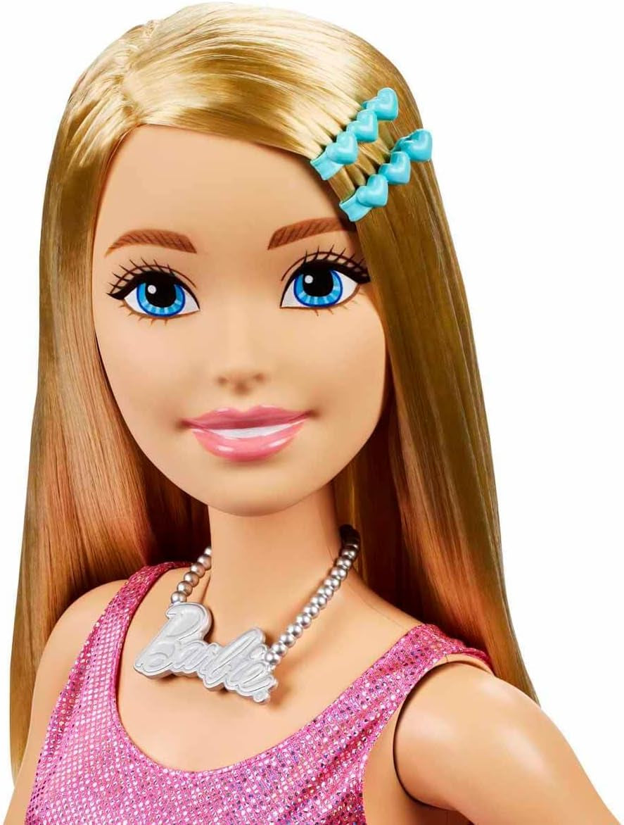 Barbie extra stor (71 cm) docka - rosa klänning, blont hår med klämma och halsband, present från 3 år och uppåt, HJY02