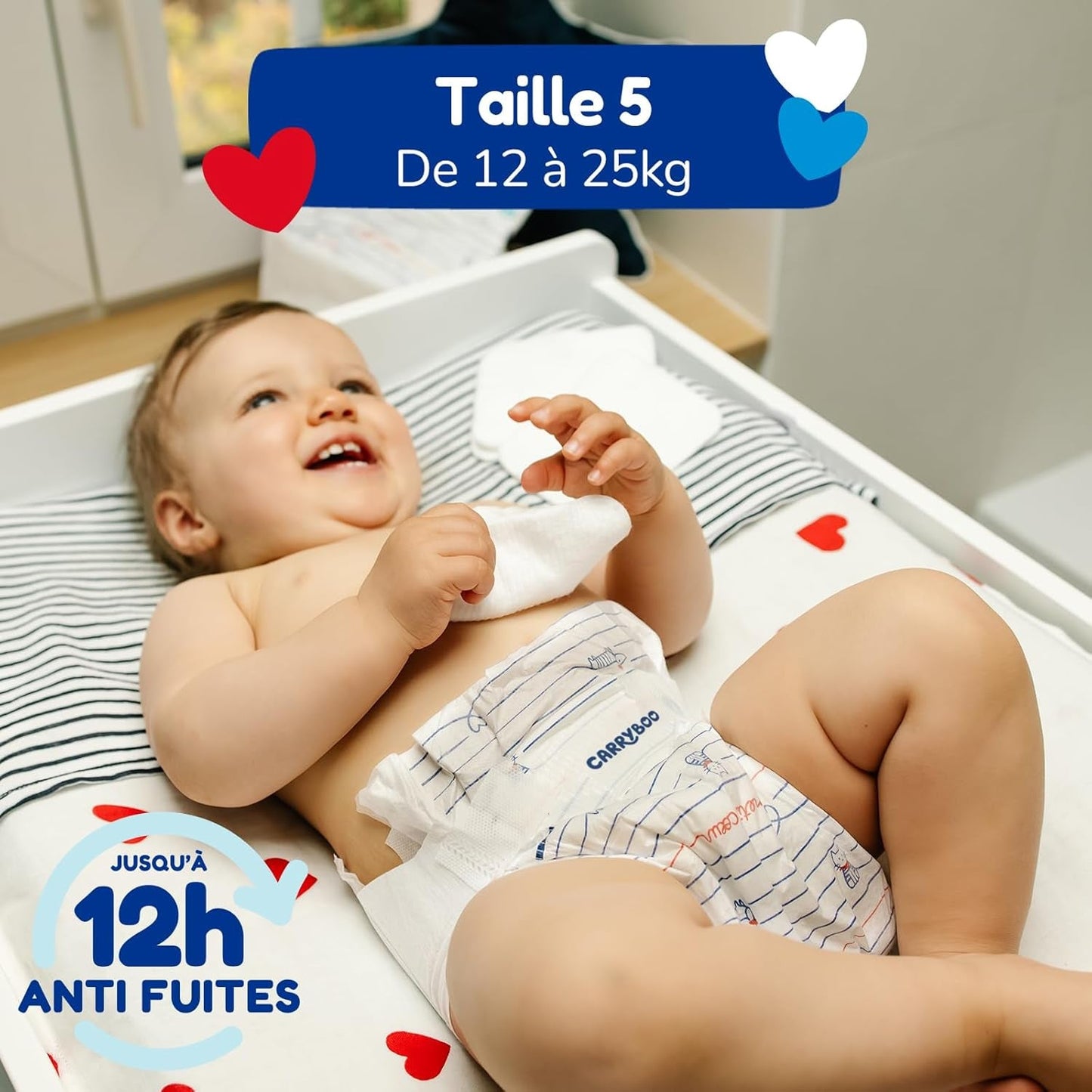 - Storlek 5 blöjor (12-25 kg) - hälsosamma och mycket absorberande - 12 timmars läckageskydd - inga oönskade ämnen - tillverkade i Frankrike - överkomligt pris - 120 engångsblöjor
