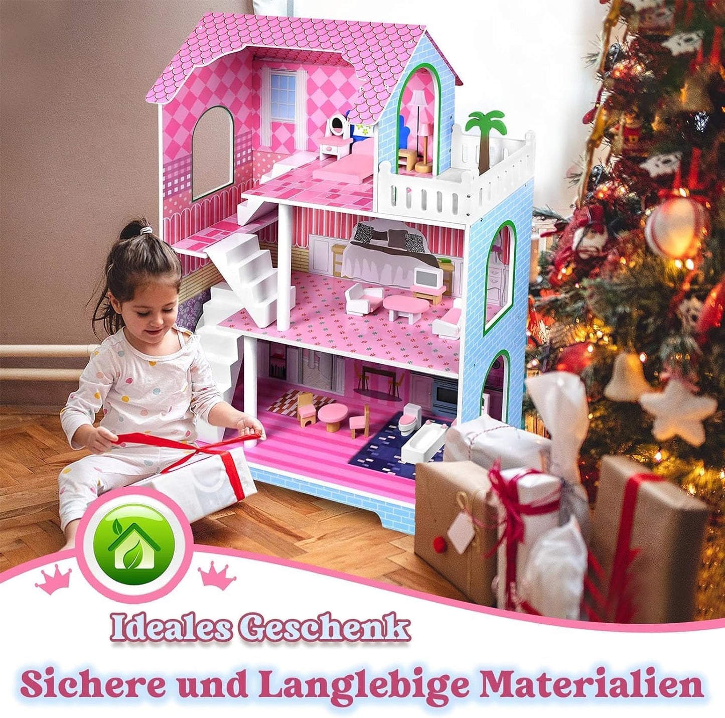 HENGMEI Puppenhaus Kinder Holz Puppenvilla Dollhouse Set Mädchen Spielset 3 Etagen Haus mit Möbeln och Zubehör, 70x30x100cm Puppenhäuser für Kinder (Typ B)