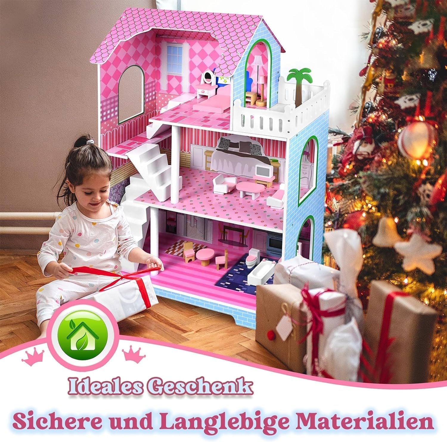 HENGMEI Puppenhaus Kinder Holz Puppenvilla Dollhouse Set Mädchen Spielset 3 Etagen Haus mit Möbeln och Zubehör, 70x30x100cm Puppenhäuser für Kinder (Typ B)