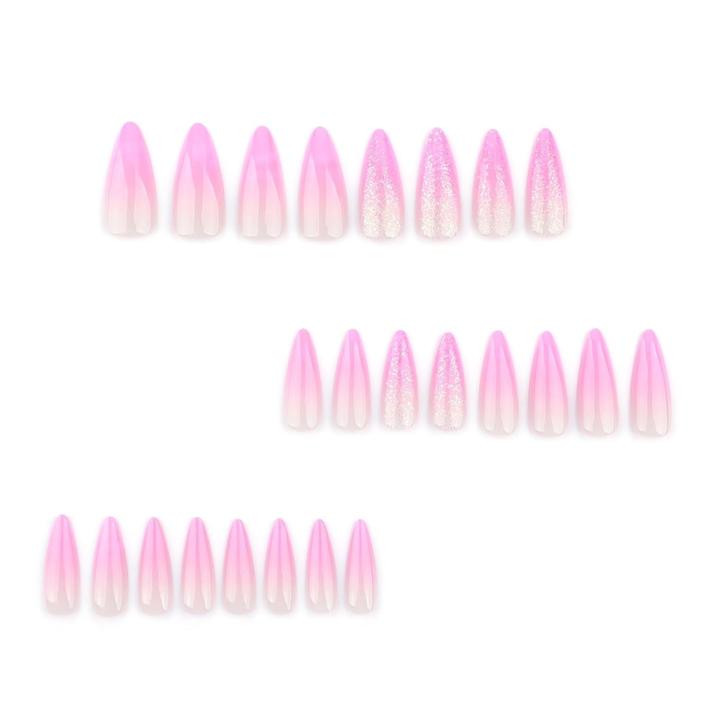 Mouyouglow Långa naglar Stiletto Milky White Gradient Rosa Glitter Coola falska naglar med lim Rosa Ombre Glitter konstgjorda naglar