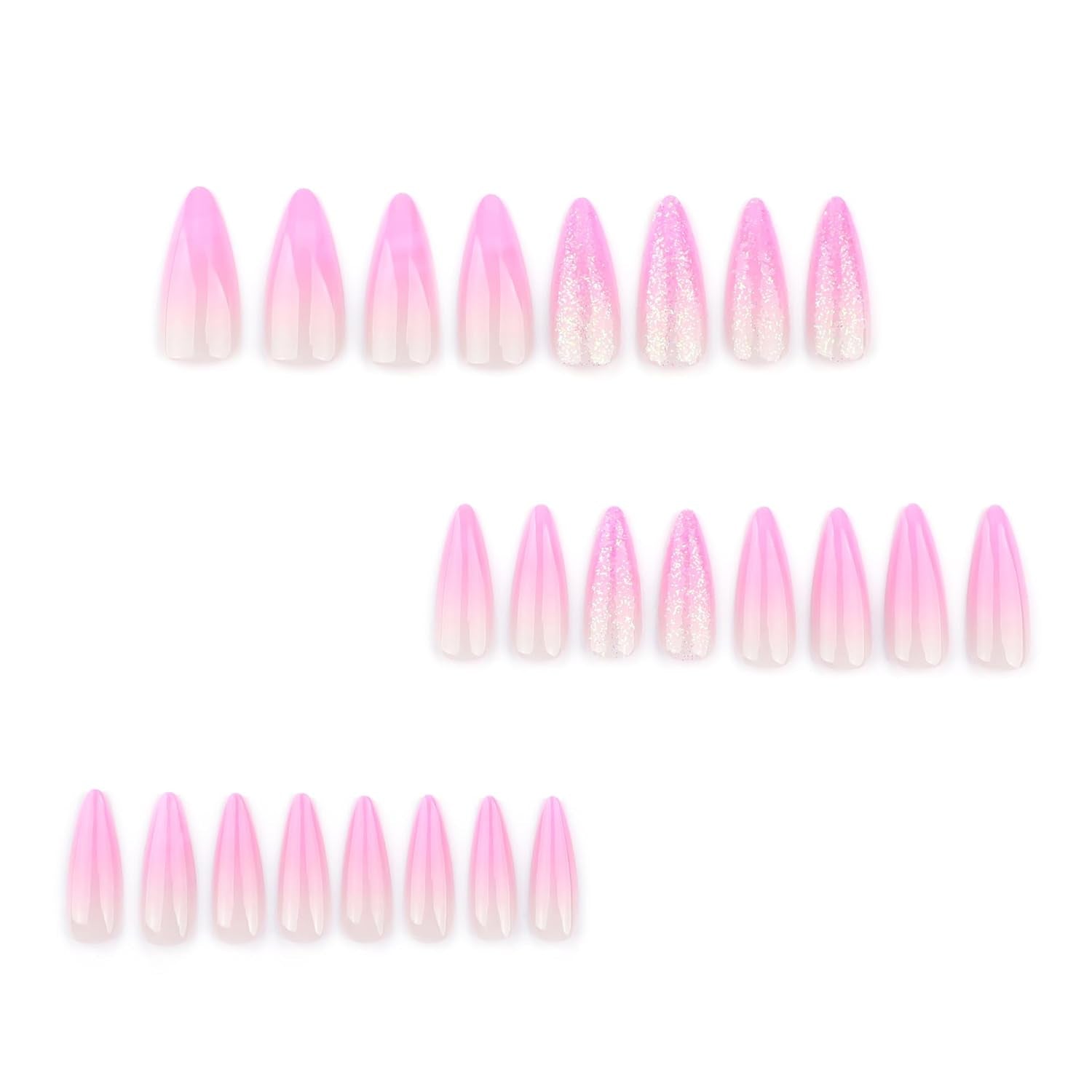 Mouyouglow Långa naglar Stiletto Milky White Gradient Rosa Glitter Coola falska naglar med lim Rosa Ombre Glitter konstgjorda naglar