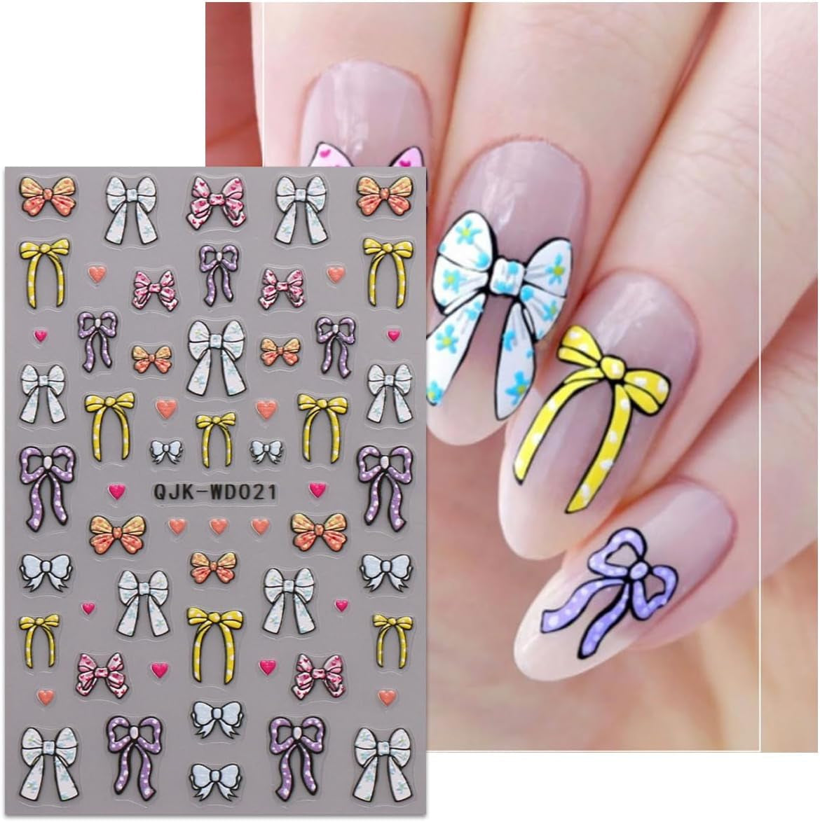 JMEOWIO Nagelsticker Bunte Herz Schleife 6 Blad Nagelkonstklistermärke Selbstklebend Nagelaufkleber Dekoration Nageldesign Zubehör