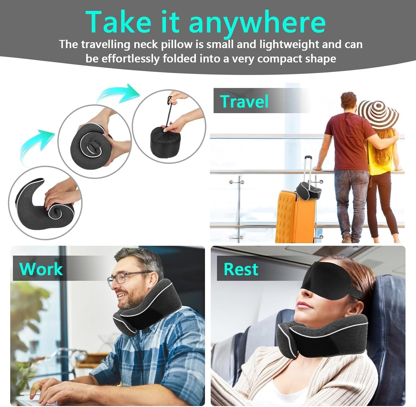 KILDOWS Flygplans nackkudde, Memory Foam Resekudde, Flygplans Resekudde med ögonmask och öronproppar, Ortopedisk Nackkudde, Perfekt för resor med flyg, bil, tåg Cervikala ortopediska kuddar Naty Shop