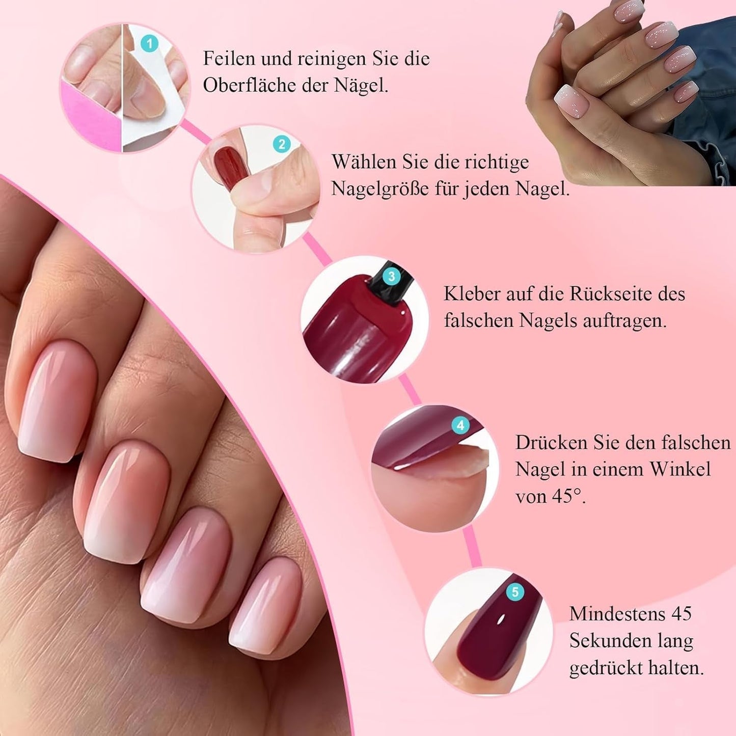 360 delar False Nails Kit - Kort Naken Rosa Vit Gradient False Nails - Fyrkantigt lim på False Nails - Heltäckande glansiga självhäftande naglar för kvinnor och flickor (fyrkantiga)