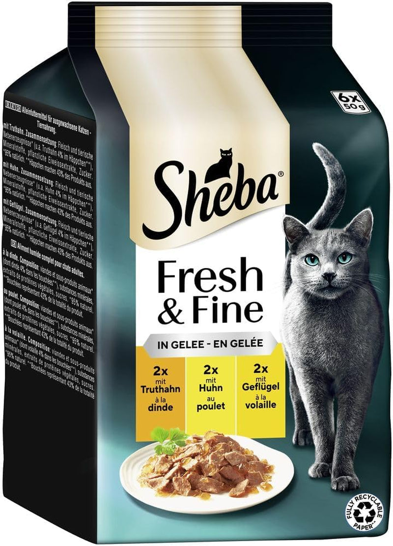 Sheba portionspåsar våtmat för katter, färsk & fin kalkon- och kycklinggelé Multipack, 6x6x50 g - högkvalitativ kalkon- och kycklinggelékattmat