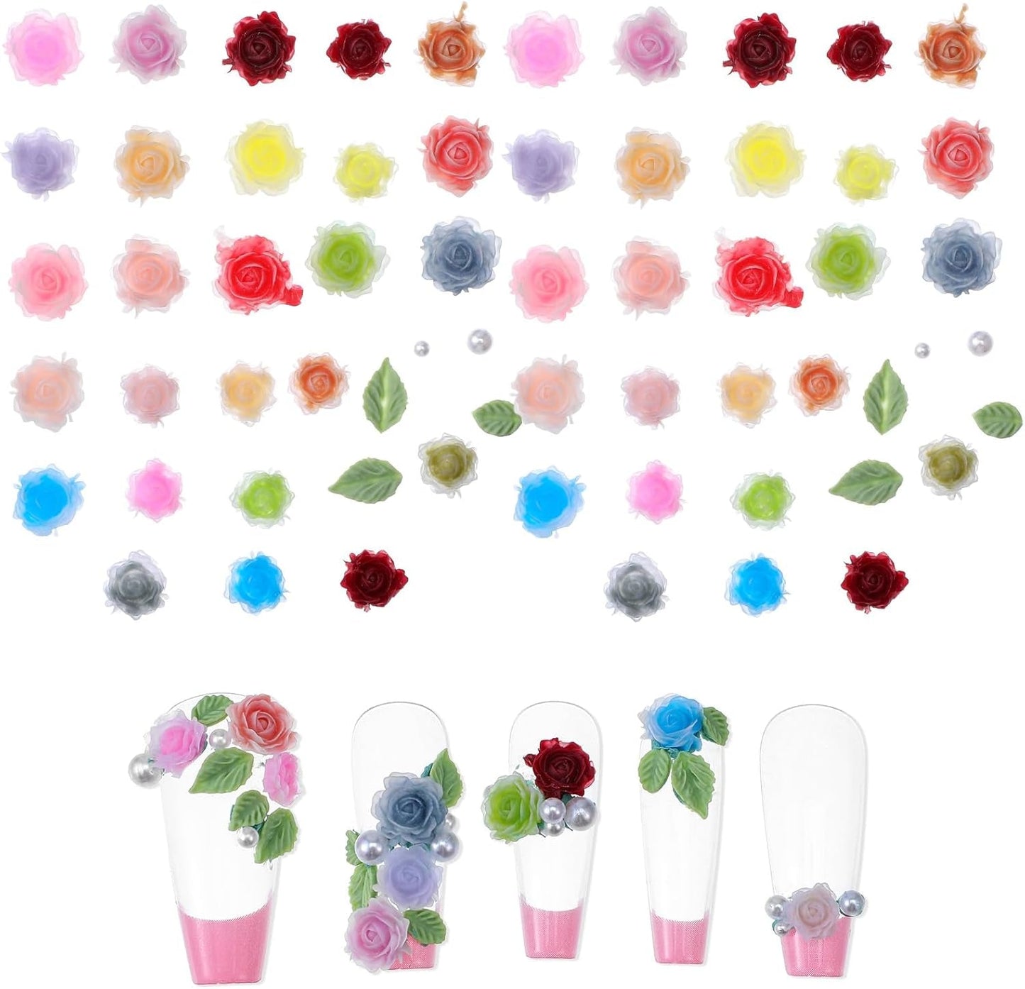 300 Stück Niedlich Blume Nail Charms, 3D Resin Blommor Camelie Rose Nägel Charms Mit Perle, Gemischt Größe Bunte Flower Nägel Deko Für Frauen Nail Art Zubehör