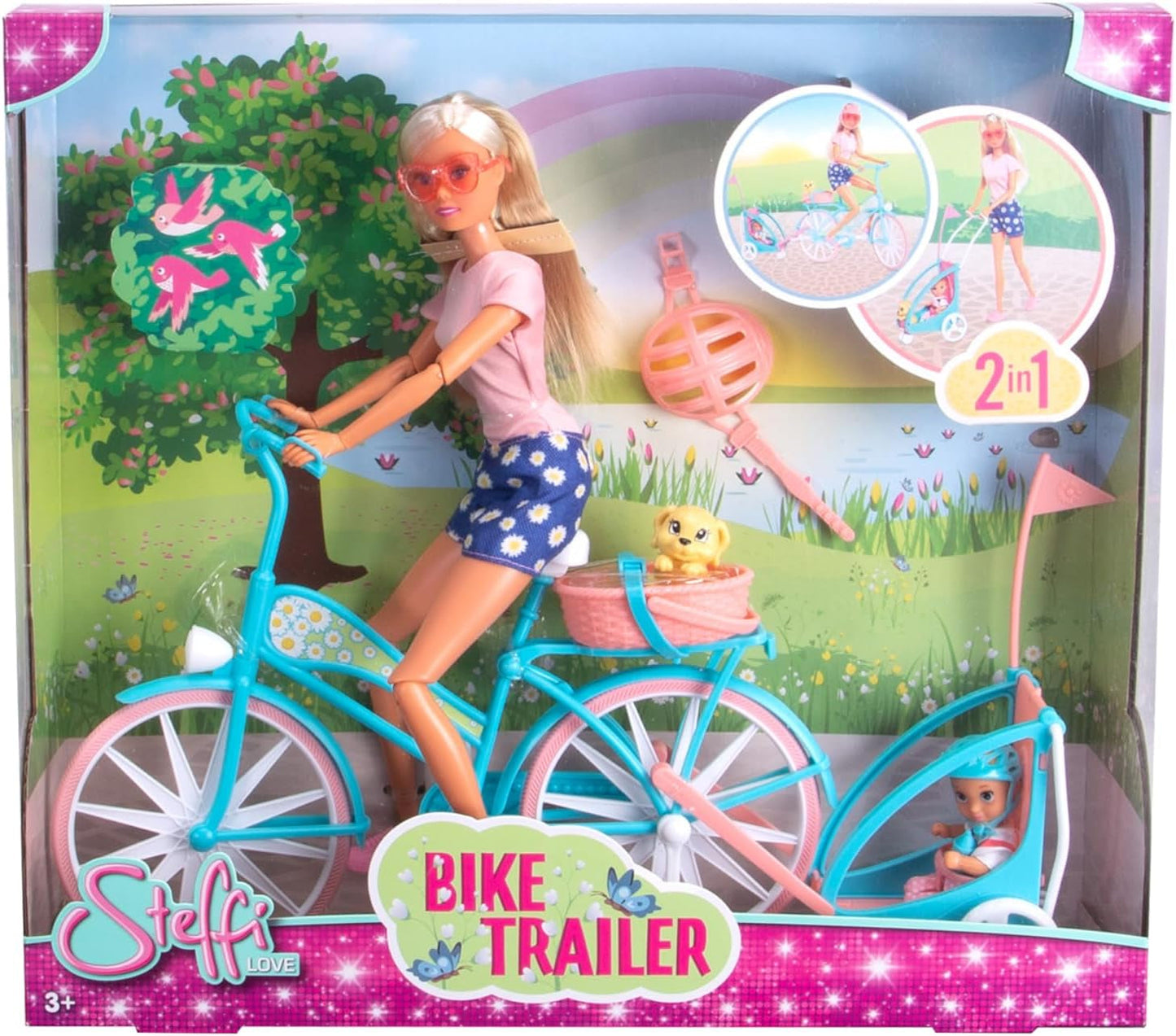 Steffi Love Bike Trailer, Docka på cykel med släp för baby, hund och hörlurar, 3 år och uppåt