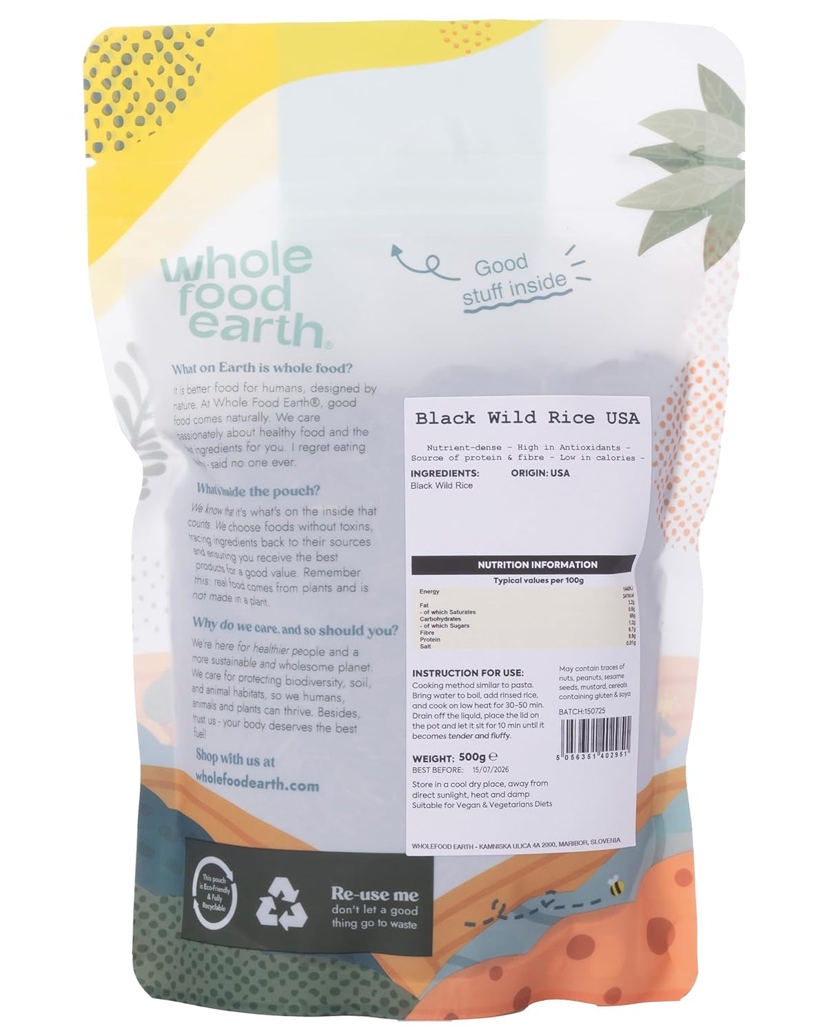 Wholefood Earth USA Black Wild Rice - Icke-GMO - Naturlig - Vegansk - Mejerifri - Inget tillsatt socker, 500g