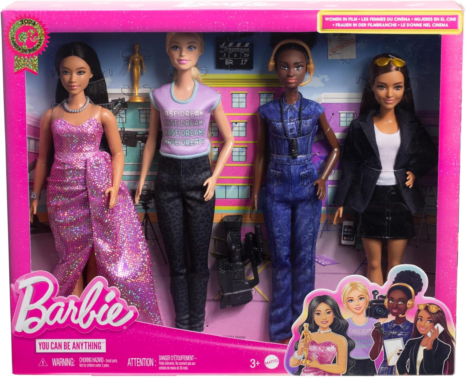 Barbie Berufe-Set med 4 Puppen och Zubehör, Frauen in der Filmbranche med Studioleiterin, Regisseurin, Kamerafrau och Filmstar in Ausziehbaren Outfits, HRG54