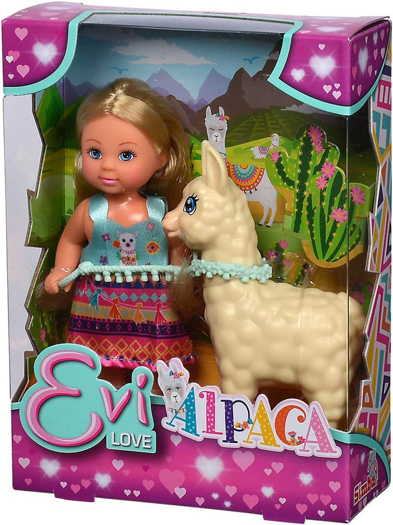 Simba 105733497 - Evi Love Doll i en söt alpackadräkt och koppel, 12 cm, för barn från 3 år och uppåt