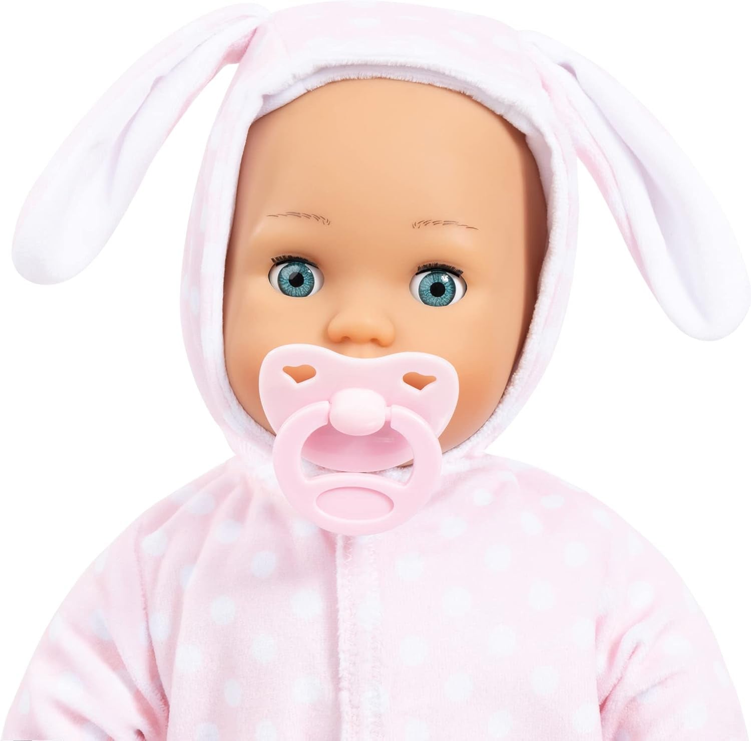 Bayer Design 93822AA Babypuppe Anna, spricht 24 Babylaute, weicher Körper, Schlafaugen, Schnuller, Flasche, 38 cm, rosa, Liten