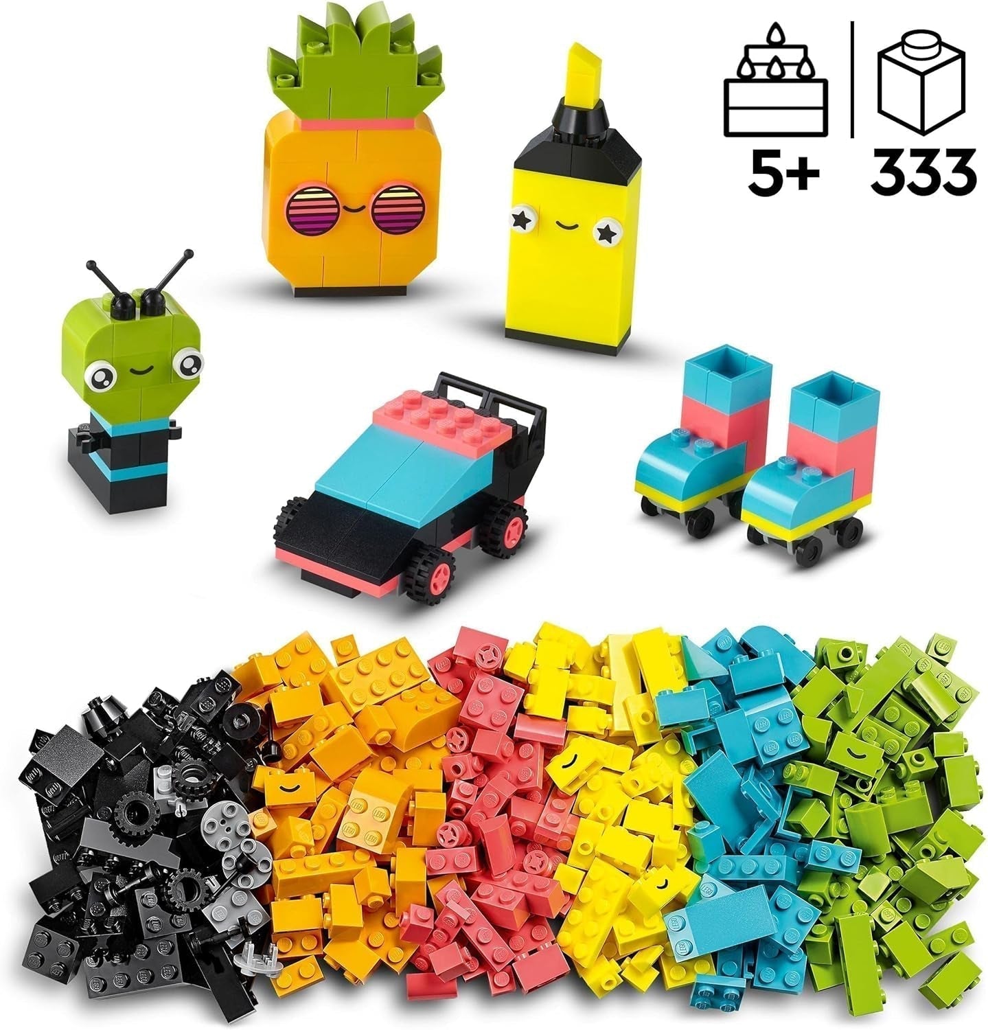 LEGO 11027 Classic Neon Creative Building Set, Brick Box Set, Byggleksak med modeller: bil, ananas, alien, rullskridskor, figurer och mer, för barn från 5 år och uppåt Byggset Besuche den LEGO-Store