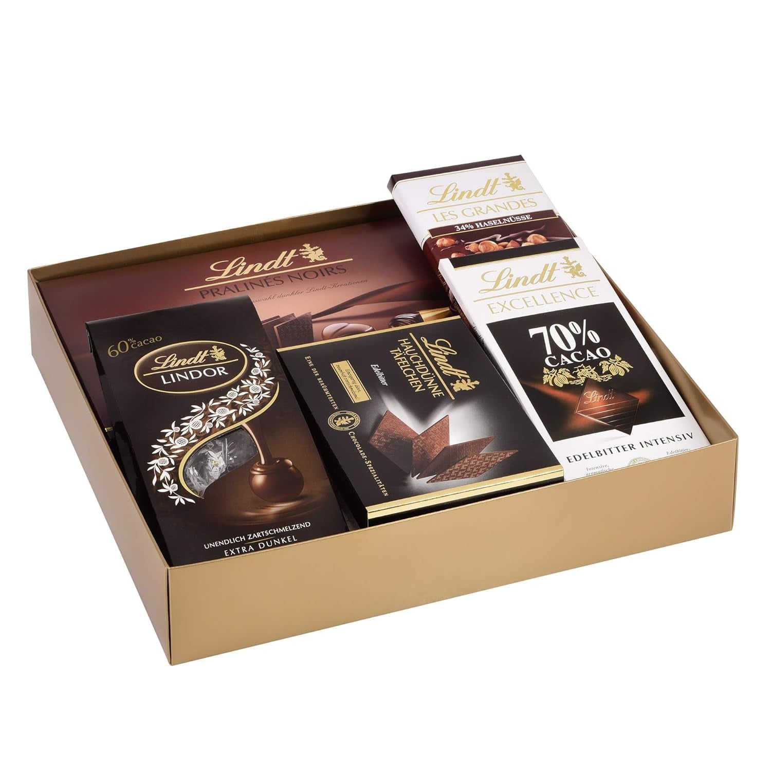 Lindt Mörk Choklad Set | 847 g | Set med 6 Lindt mörk choklad specialiteter (bars, LINDOR, praliner) från halvsöt till extra mörk | Bulkpaket | Choklad present