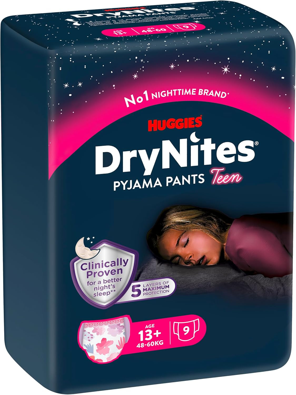 Huggies DryNites nattblöjor för sängvätning för flickor 13-17 år (48-60 kg) 27 Count (3x9) månadspaket trosblöjor