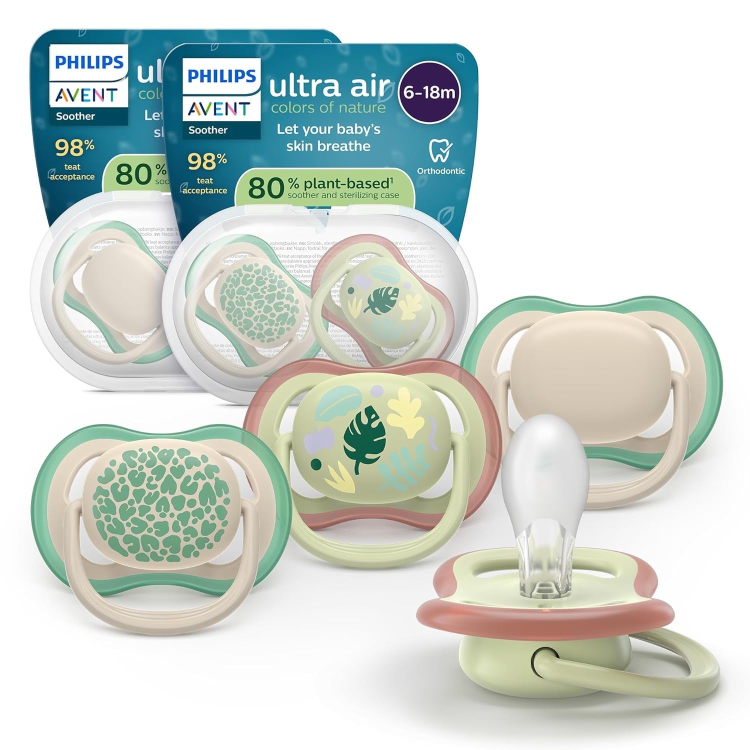 Philips AVENT ultraluftnappar - paket med 4 BPA-fria nappar som andas för bebisar 6-18 månader, inklusive bärväska och sterilisering, sköldpadda/valmönster (modell SCF085/66)