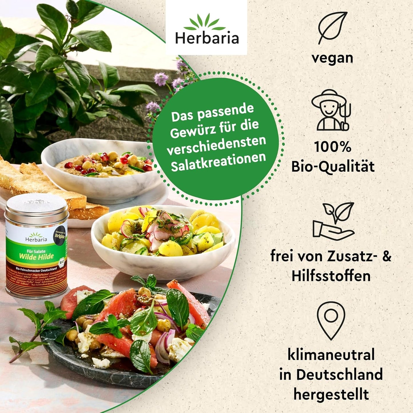 Herbaria Wilde Hilde bio 100g M-Dose-fertige Bio-Gewürzmischung - Saladgewürz für ausgefeilte Salade - mit erlesenen Ingrediens - in nachhaltiger Aromaschutz-Dose