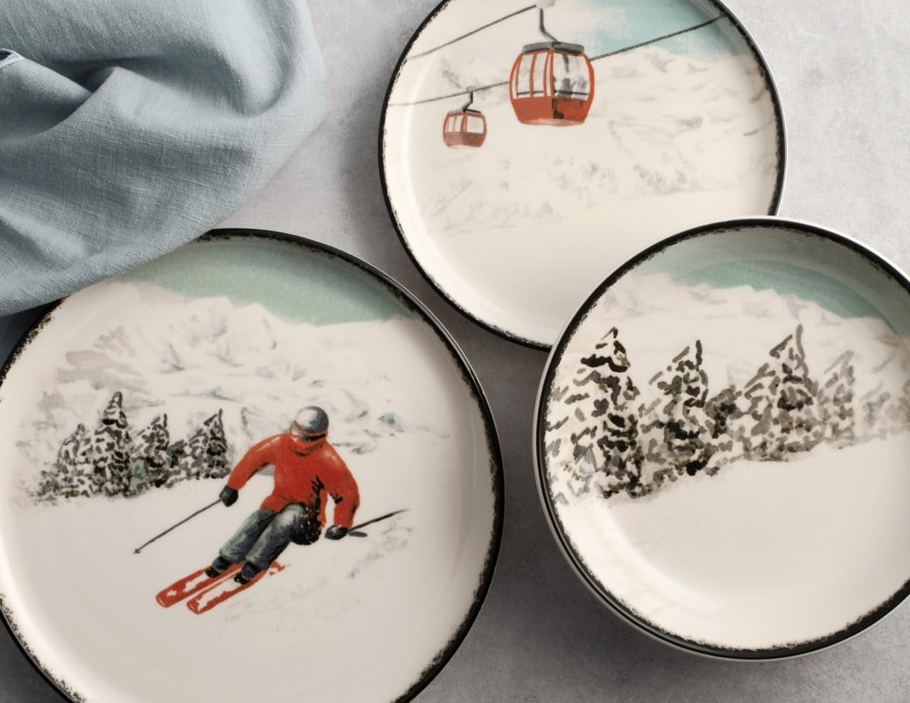 Winter Escape 12-delad julservis i stengods - Nordic Winter Skier Design - Tål diskmaskin och mikrovågsugn