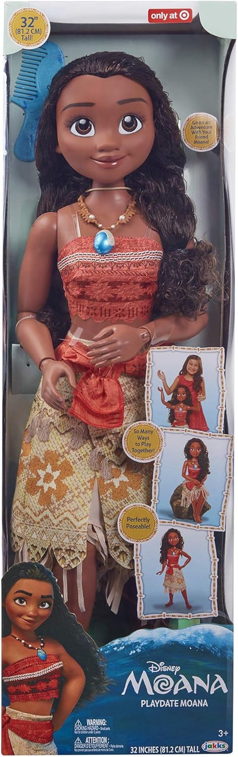 Disney Princess Vaiana, 80 cm stora Spielpuppe von Jakks Pacific, bewegliche Puppe, mit Bürste zum Kämmen ihrer wellligen Locken, vom Film inspired Kleid, abnehmbare Halskette mit Anhänger