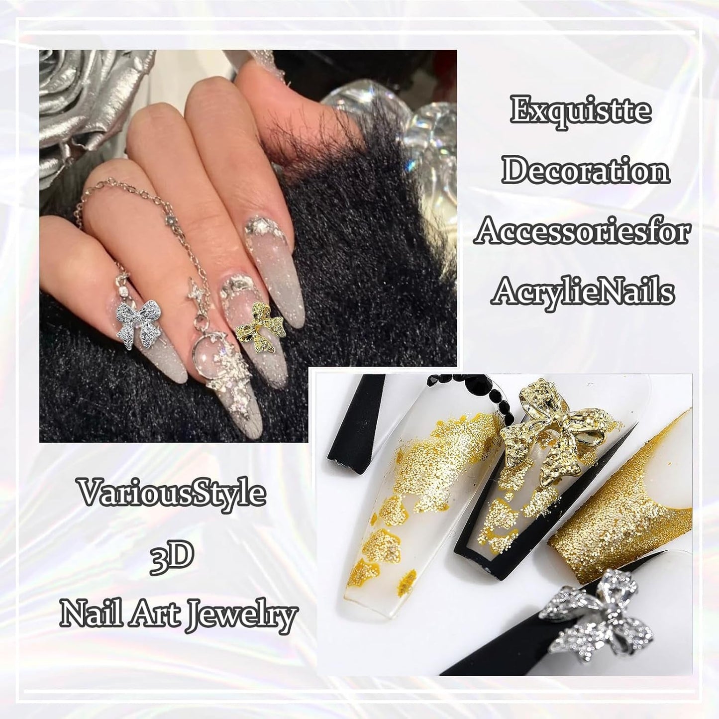 30st Nagelbågar i metall, Guld Silver Gråa rosetter, Nageltillbehör, Nageldekorationer för kvinnor och flickor, Nail Art Design