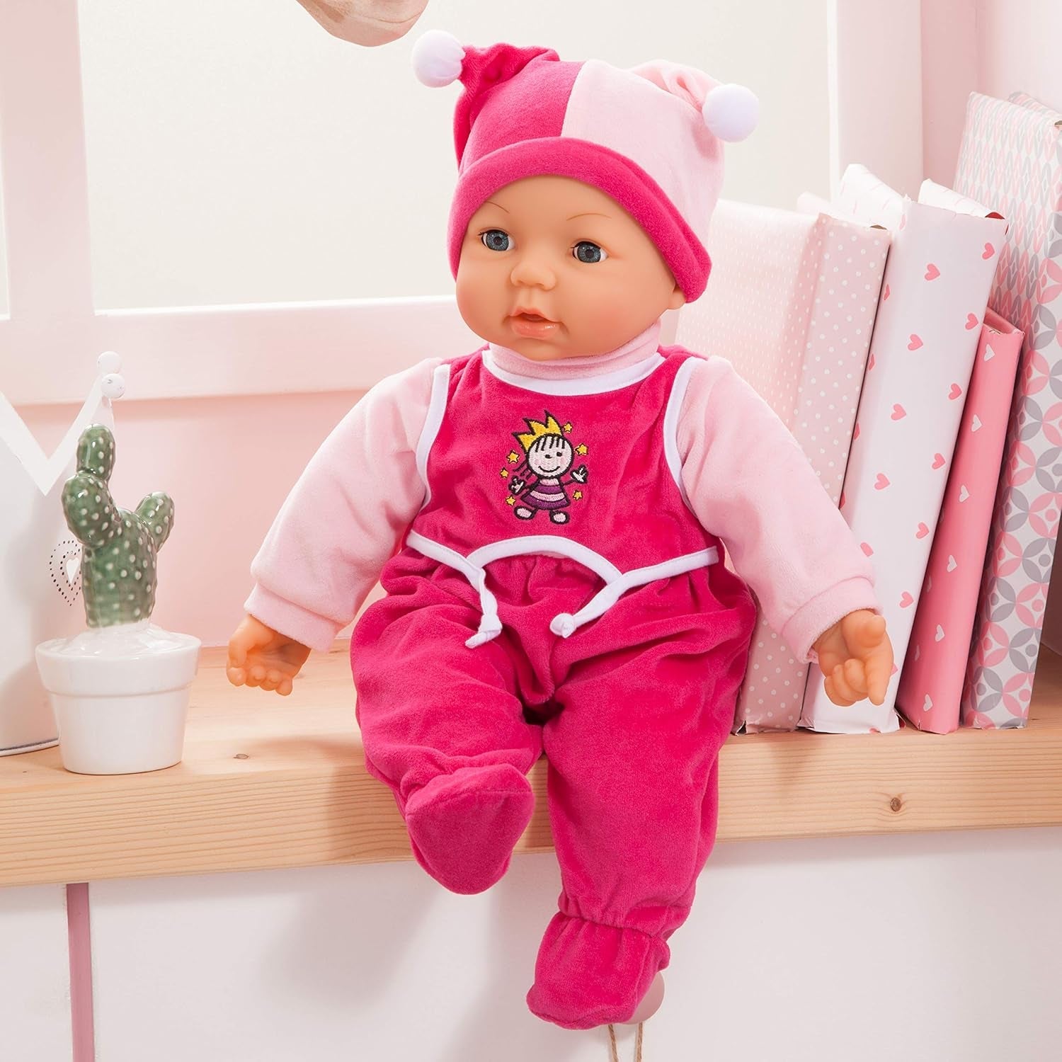 Funktionspuppe Hello Baby mit Geräuschen, bewegt den Mund, interaktiv Puppe, Babypuppe, med Zubehör, 46cm, rosa