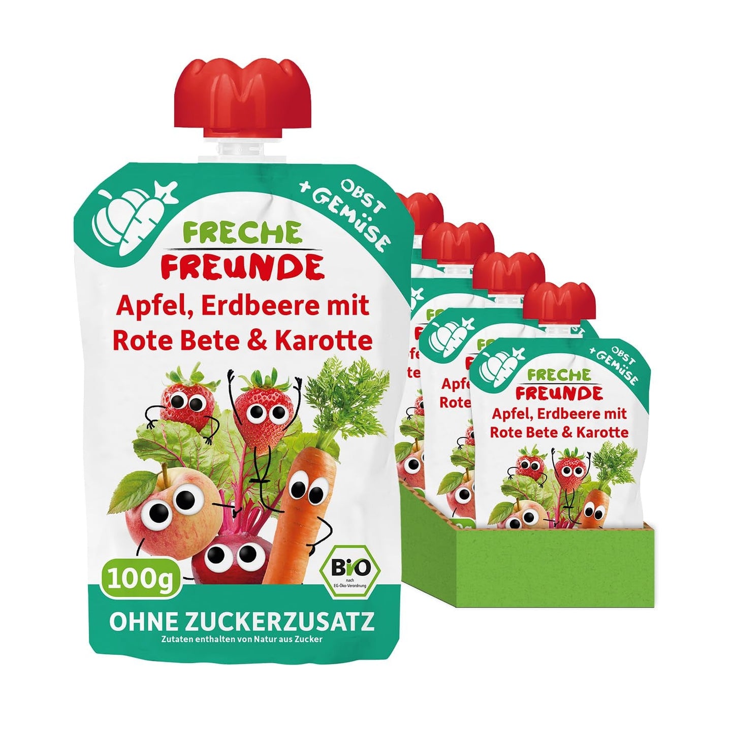 FRECHE FREUNDE Ekologisk pressbar fruktpåse med äpplen, jordgubbar, rödbetor och morot, frukt- och grönsakspuré i en pressbar påse för spädbarn från 6 månader, vegansk, 6-pack (6 x 100 g)