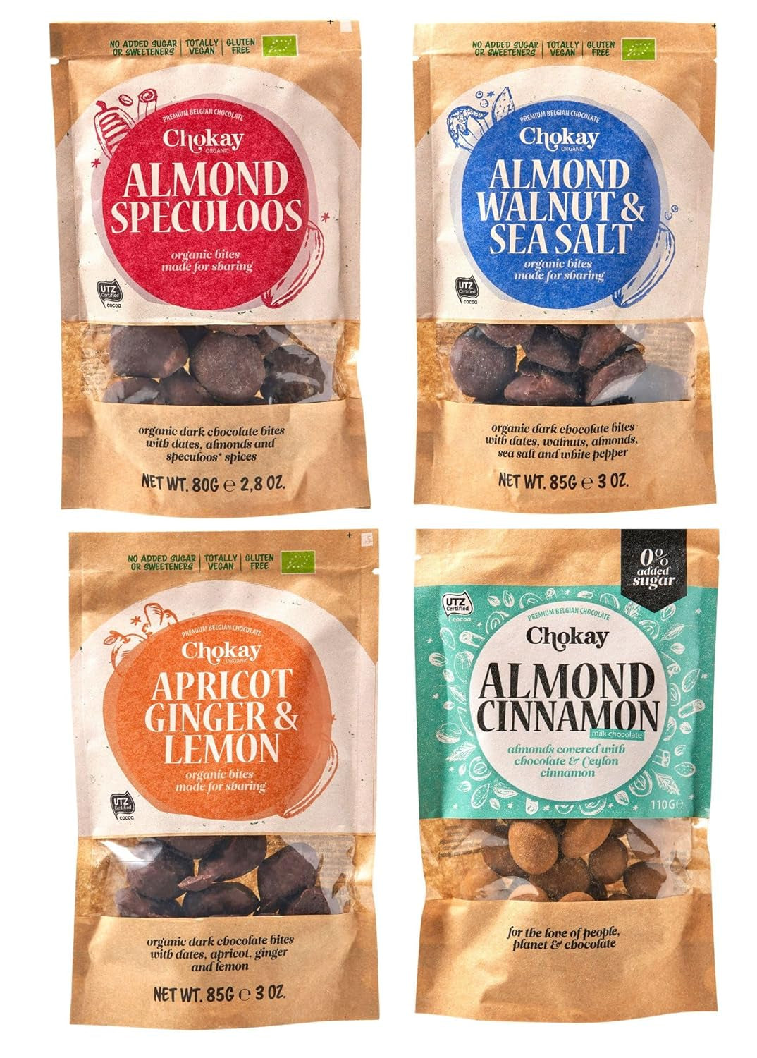 Set med 4 ekologiska bites - kanelmandlar/kanelmandlar i belgisk mörk choklad/utan tillsatt socker, inga sötningsmedel/VEGAN & FAIR TRADE / 4 x 85g