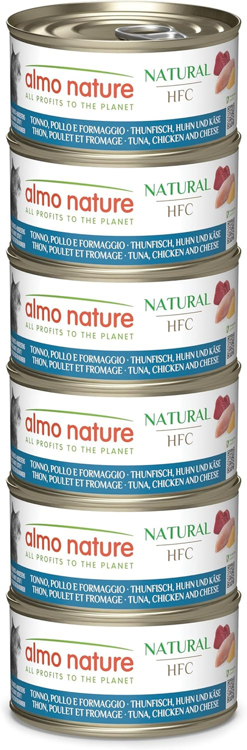 Almo Nature HFC Natural - Våtfoder för vuxna katter - Tonfisk, Kyckling och Ost - Mänsklig kvalitet, Glutenfri - 6 x 70g