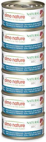 Almo Nature HFC Natural - Våtfoder för vuxna katter - Tonfisk, Kyckling och Ost - Mänsklig kvalitet, Glutenfri - 6 x 70g
