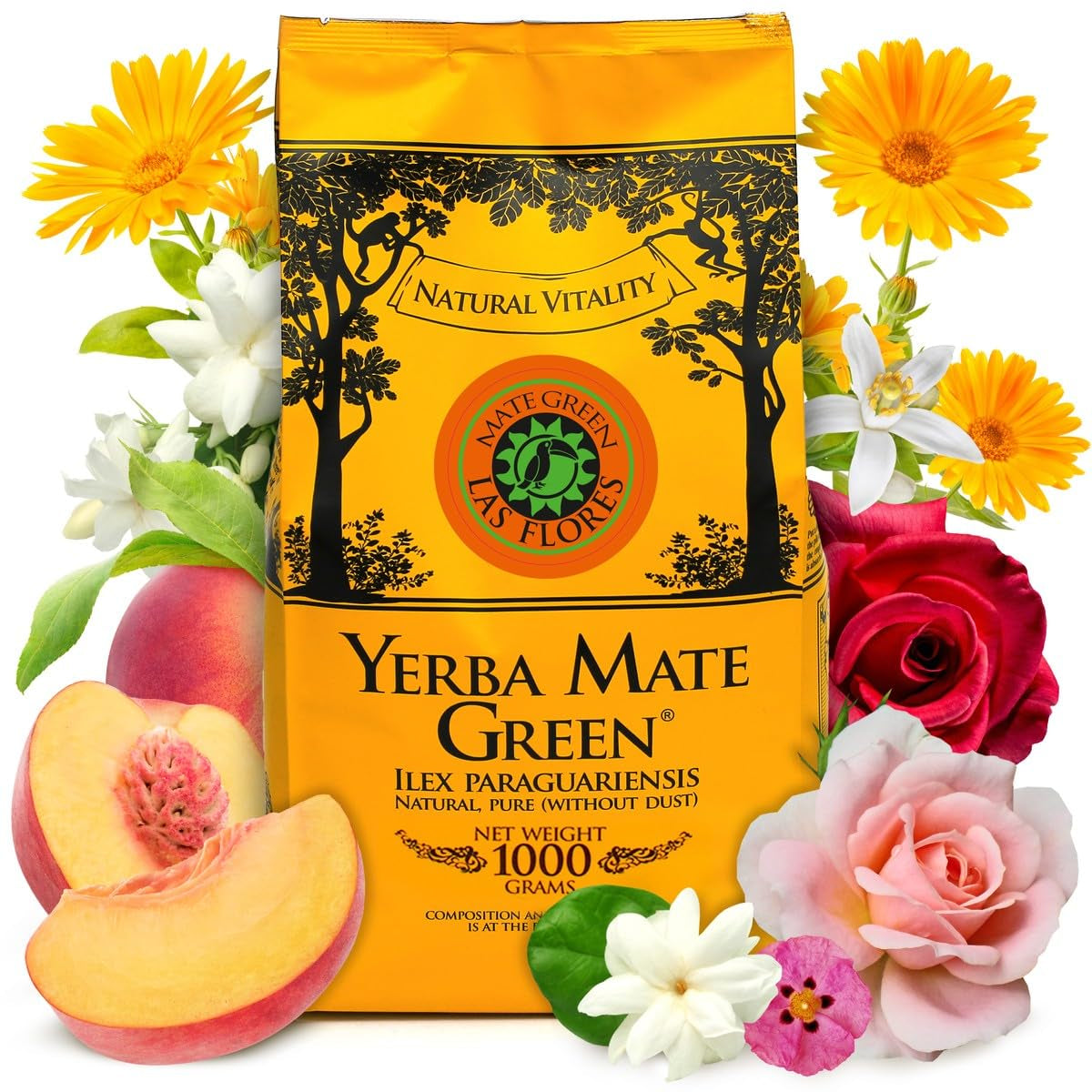 Yerba LAS FLORES 1 kg ● Yerba Mate-te med brasilianska persikor ● Jasmin ● Mate-te från mateblad ● Naturliga smaker ● Yebra Mate-te med guarana 50 g ● Yerba Mate-te med hela blad 1050 g ● Veganskt
