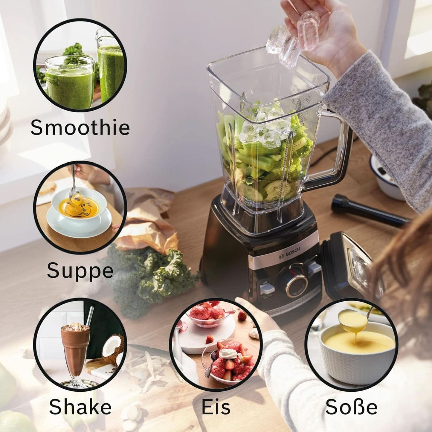 Bosch Standmixer Vitaboost MMBH6P6BDE, 6-Klingen-Edelstahlmesser, 2,5L Tritan-Mixbehälter, Stopfer, 6 Automatikprogram, Rezeptbuch, Bpa-Frei, Einfache Reinigung, 45 000 U/Min, 1600 W, Schwarz Bucatarie Naty Shop