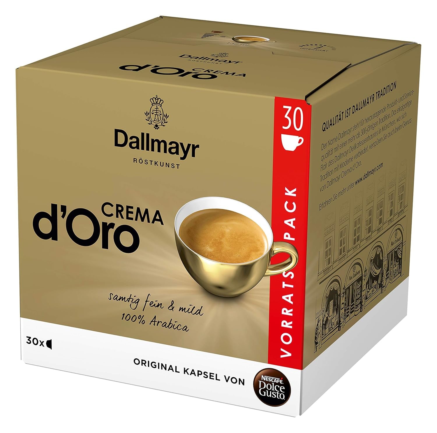 Dallmayr Crema d´Oro, XXL-Vorratsbox & Dallmayr Crema d´Oro intensa (48 Kaffeekapseln, Intensität 9 av 12, 100% Arabica-Bohnen), 3er Pack (3x16 Kapseln)