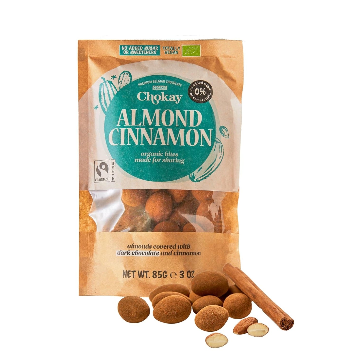 Set med 4 ekologiska bites - kanelmandlar/kanelmandlar i belgisk mörk choklad/utan tillsatt socker, inga sötningsmedel/VEGAN & FAIR TRADE / 4 x 85g